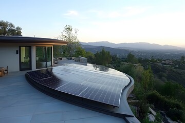 Poster - Candid photo of solar panels arranged on a curved roof for maximum efficiency, demonstrating innovative energy design, 4k resolution