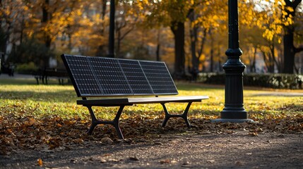 Poster - Candid photo of a park bench equipped with a solar panel for device charging, innovative green design in public spaces, 4k resolution