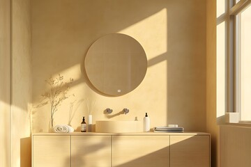 Aufkleber - Lifestyle photo of a small, minimalist bathroom featuring light wood cabinetry, a single round mirror, and soft natural lighting, 4k resolution