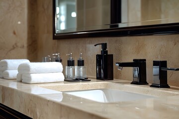 Poster - Candid photo of a contemporary bathroom with marble countertops, sleek black fixtures, and a large mirror reflecting the clean design, 4k resolution