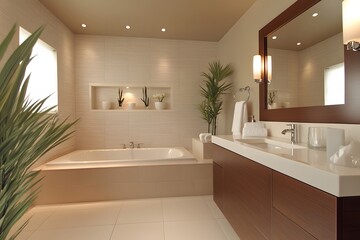 Poster - Candid photo of a minimalist bathroom with plain white tiles, a frameless mirror, and soft lighting for a simple, clean look, 4k resolution