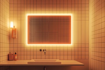 Poster - Candid photo of a minimalist bathroom with plain white tiles, a frameless mirror, and soft lighting for a simple, clean look, 4k resolution