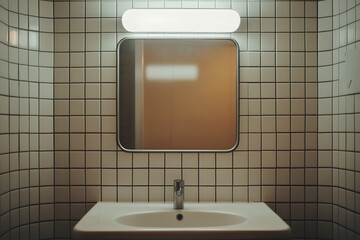 Poster - Candid photo of a minimalist bathroom with plain white tiles, a frameless mirror, and soft lighting for a simple, clean look, 4k resolution