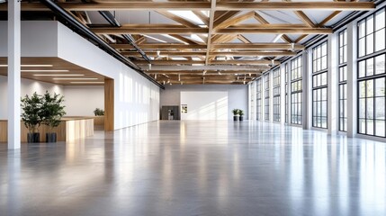 Empty warehouse with polished concrete floors and geometric ceiling beams, architectural warehouse, modern interior design