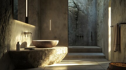 Aufkleber - Portrait photo of a minimalist bathroom with stone sink, single light fixture, and soft neutral colors, creating a tranquil feel, 4k resolution