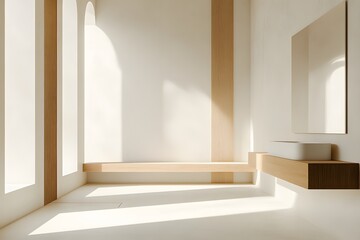 Poster - Portrait photo of a minimalist bathroom with wood and white tones, frameless mirror, and clean surfaces, creating a natural, open space, 4k resolution