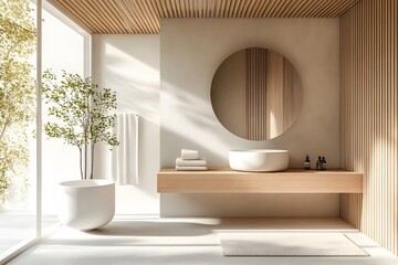 Poster - Portrait photo of a minimalist bathroom with wood and white tones, frameless mirror, and clean surfaces, creating a natural, open space, 4k resolution