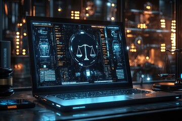 Poster - Laptop Screen Displaying a Digital Scale of Justice Icon