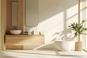 Poster - Portrait photo of a minimalist bathroom with wood and white tones, frameless mirror, and clean surfaces, creating a natural, open space, 4k resolution