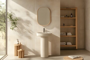 Poster - Lifestyle photo of a minimalist bathroom with a standalone sink, simple mirror, and light wooden shelving for a clean, organized look, 4k resolution