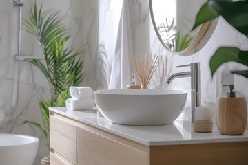 Aufkleber - Lifestyle photo of a modern minimalist bathroom with compact storage, light wood finishes, and neutral decor, creating an airy feel, 4k resolution