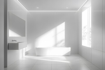 Poster - Candid photo of a minimalist bathroom with bright lighting, simple white walls, and uncluttered design for a clean feel, 4k resolution