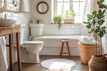 Aufkleber - Lifestyle photo of a small, airy minimalist bathroom with basic fixtures, light wood accents, and neutral tones, 4k resolution