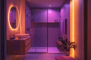 Poster - Candid photo of a bathroom with soft ambient lighting, light wood cabinetry, and a glass-enclosed shower, creating a modern feel, 4k resolution