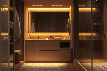 Poster - Candid photo of a family bathroom with ample storage, soft lighting, and practical design, providing a warm and functional space, 4k resolution