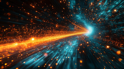 Wall Mural - A bright orange and blue light is shooting through a dark sky