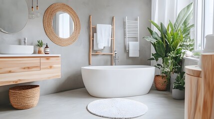 Poster - Candid photo of a Scandinavian-style bathroom with minimalistic design, soft tones, and natural wood accents, 4k resolution