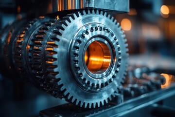 Poster - Closeup of Interlocking Metal Gears in a Factory Setting