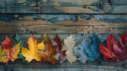 Wall Mural - Maple leaves of many hues on wooden backdrop with space for text