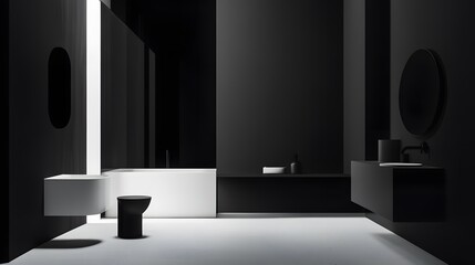 Poster - Portrait photo of a sleek black-and-white bathroom with modern fixtures, clean lines, and high contrast, 4k resolution