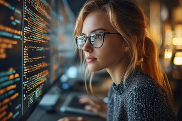 Poster - A Woman Wearing Glasses Focuses on Code on a Computer Monitor