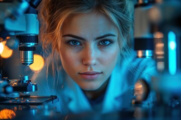 Aufkleber - Woman Scientist Using a Microscope in a Laboratory