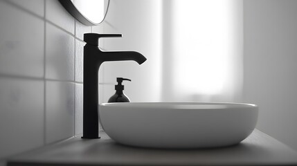 Poster - Candid photo close-up of a black matte faucet over a white sink, minimalist and sleek design in black-and-white tones, 4k resolution