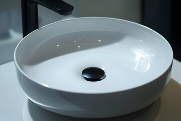Poster - Candid photo of a close-up view of a white round sink and matte black faucet, smooth surface reflecting light, 4k resolution
