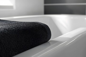 Poster - Candid photo of a close-up view of a white bathtub edge with a black towel neatly folded, simple and clean, 4k resolution