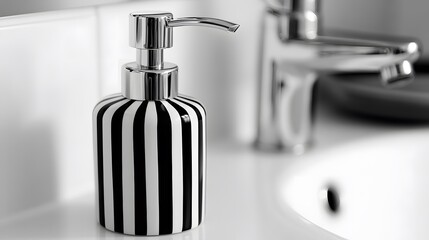Poster - Candid photo of a close-up of a black-and-white striped soap dispenser on a white sink, clean design with contrast, 4k resolution