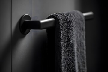 Poster - Candid photo close-up of a matte black towel rail, capturing the texture and sleek design, monochrome theme, 4k resolution