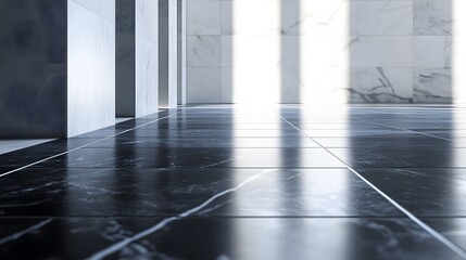 Poster - Lifestyle photo of a close-up angle of black marble tiles against white walls, clean lines creating visual interest, 4k resolution