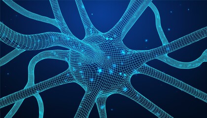 Poster - Neuron system wireframe mesh model. Low poly vector illustration.