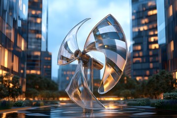 Poster - Candid photo of an innovative wind turbine design with transparent blades set in an urban area, blending aesthetics with functionality, 4k resolution