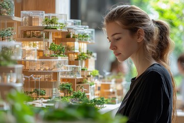 Poster - Woman Looking at a Model of a Green and Glass Building