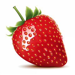 A bright red cartoon strawberry with shiny surface and green leaves lying on a white background