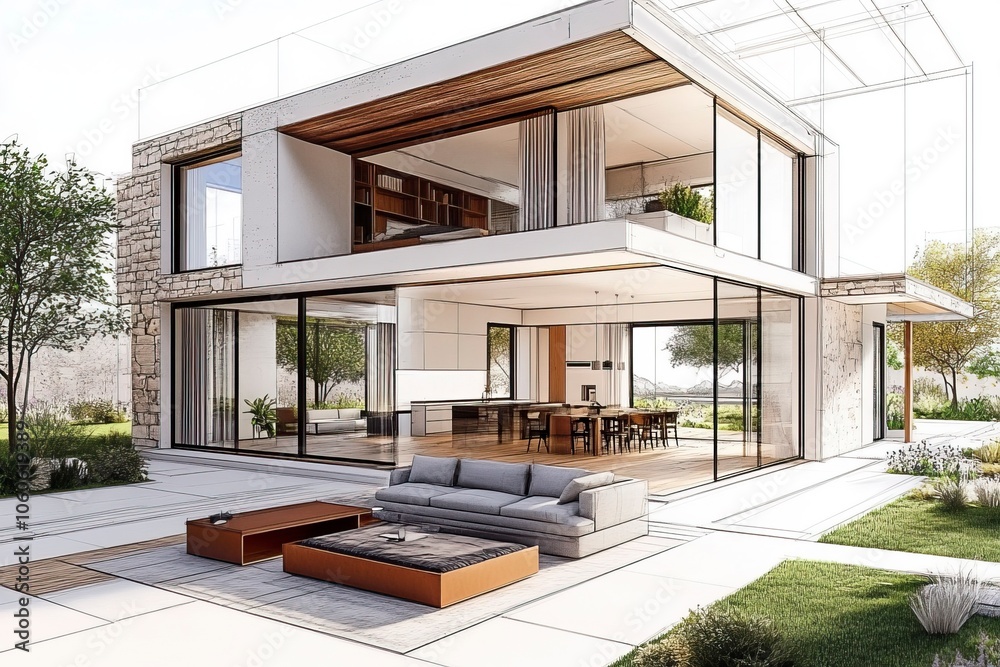 Villa Design Rendering Process of designing a luxury villa, featuring concept drawings, 3D ...