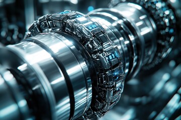 Poster - Close-up of a Shiny, Metallic Robotic Arm with Glowing Digital Displays