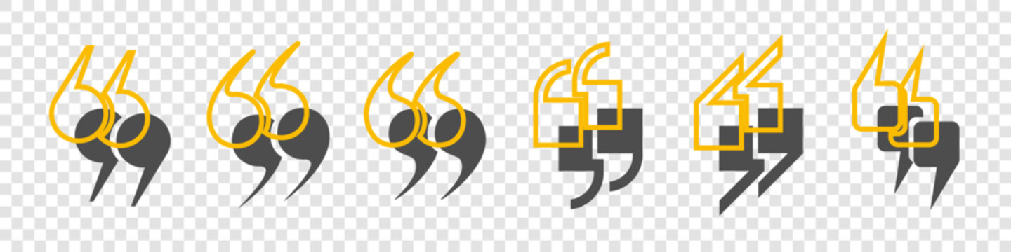 A set of icons with quotation marks and commas on a transparent background. The quotation mark icon is black and yellow. Flat comma characters. Vector illustration.