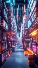 Naklejka na meble A futuristic warehouse with glowing digital data streams, creating an immersive and high-tech atmosphere for commercial photography
