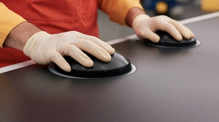 A person wearing gloves is smoothing a black surface using two round sanding tools, focusing on craftsmanship and precision.