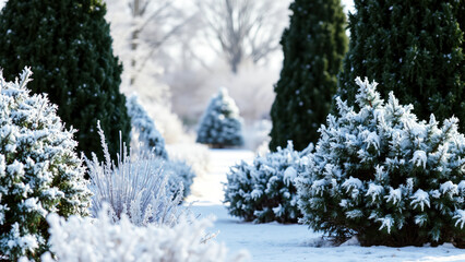 winter wonderland frost-covered evergreens