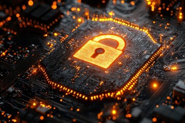 Poster - Glowing Lock Symbol on a Circuit Board