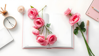 White book mockup with a bouquet of pink roses and workspace accessories on a white table isolated with white highlights, png