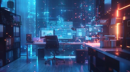 Aufkleber - futuristic office space showcasing augmented reality interfaces and data analysis displayed on multi