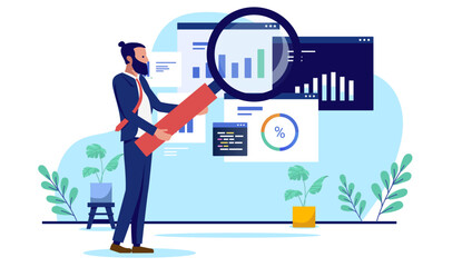 Fototapete - Business analytics - Businessman with magnifying glass analysing and inspecting data, charts, graphs and diagram trying to get insights and doing research for company finances. Flat design vector