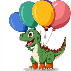 Wall Mural - A cute cartoon dinosaur holding a bunch of colorful balloons.