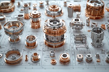 Poster - Metallic Gears and Components on Engineering Blueprint