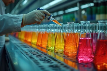 Aufkleber - Scientist in a lab adding liquid to beakers with colorful liquids