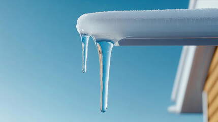 Wall Mural - Icicles hanging from roof of wooden cabin glisten under clear blue sky, capturing essence of winter chill